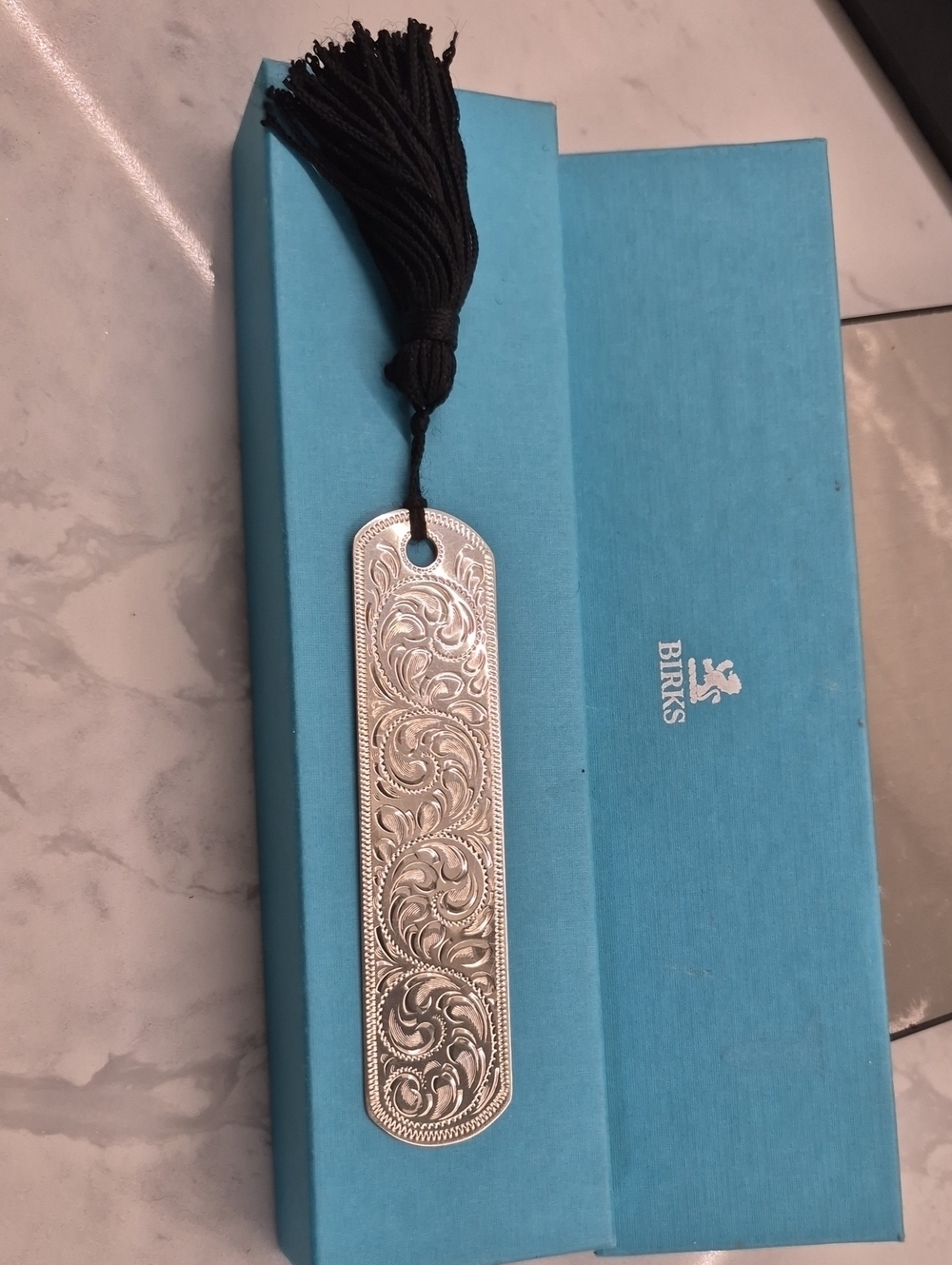 Birks Sterling Silver Engraved Bookmark with Black Tassel